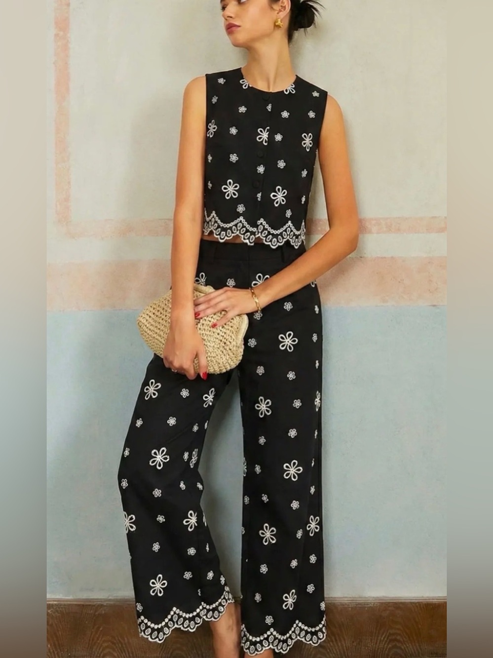 Commense EMBROIDERED FLORAL COTTON PANT SET